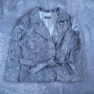 Vintage 90s Metallic Grey Belted Leather Coat